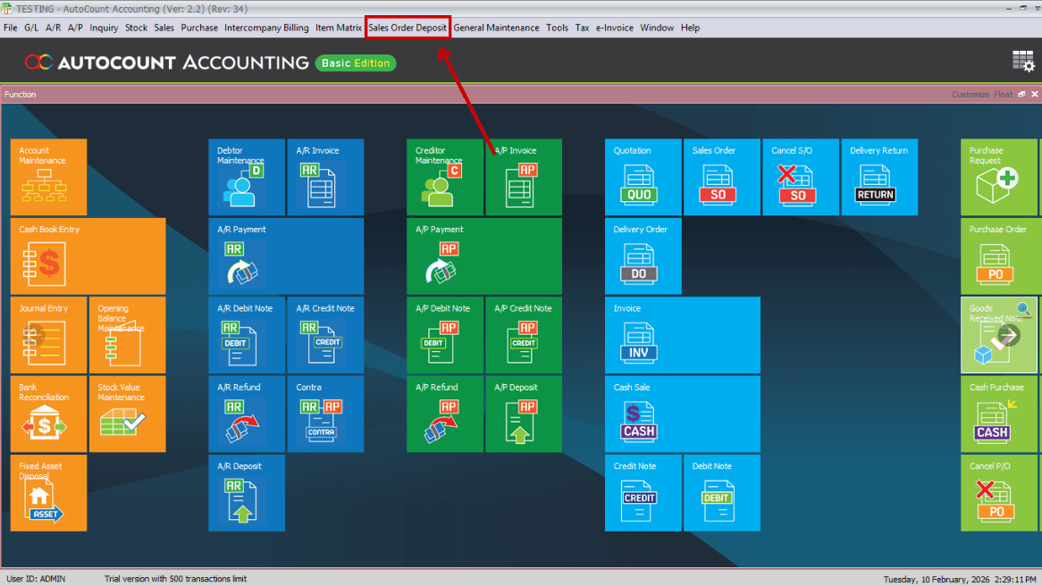 Main Page — Sales Order Deposit