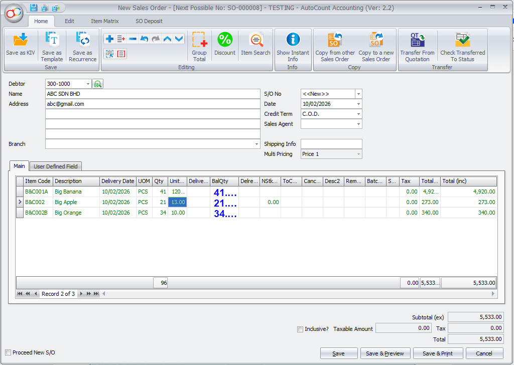 Create New Sales Order