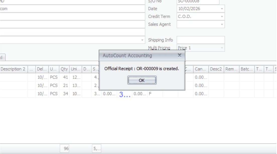 Official Receipt created