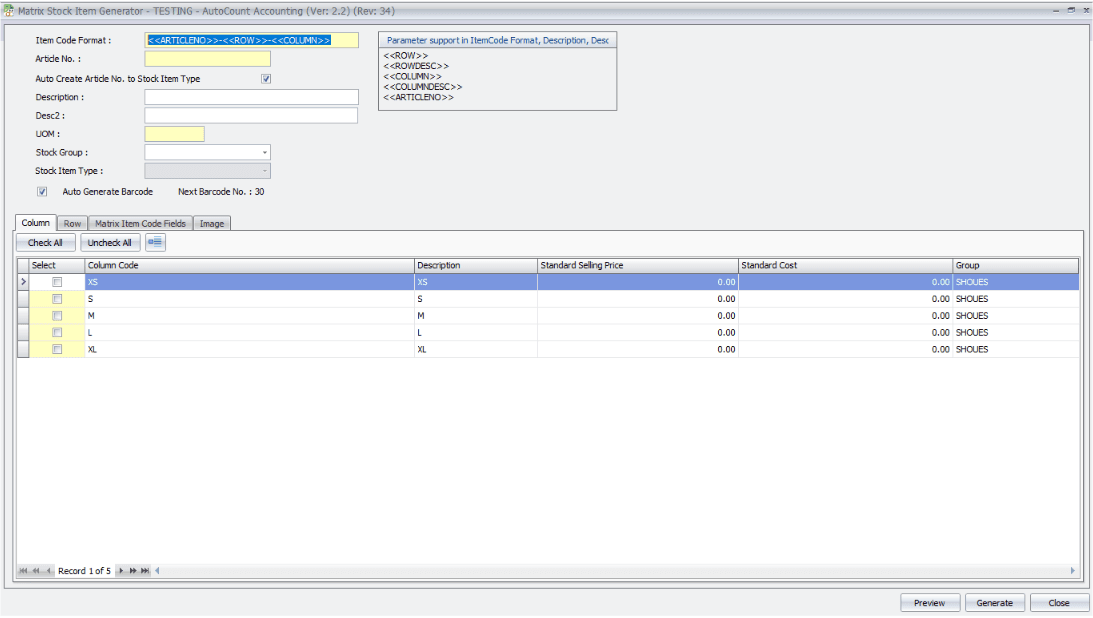 Matrix Stock Item Generator Form