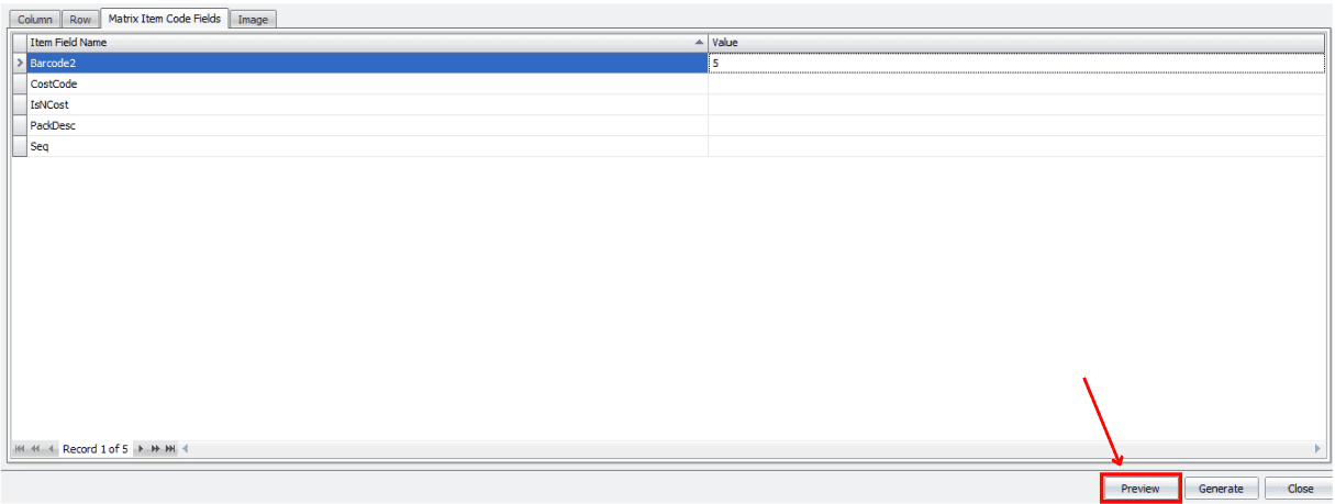 Matrix Item Code Fields Tab