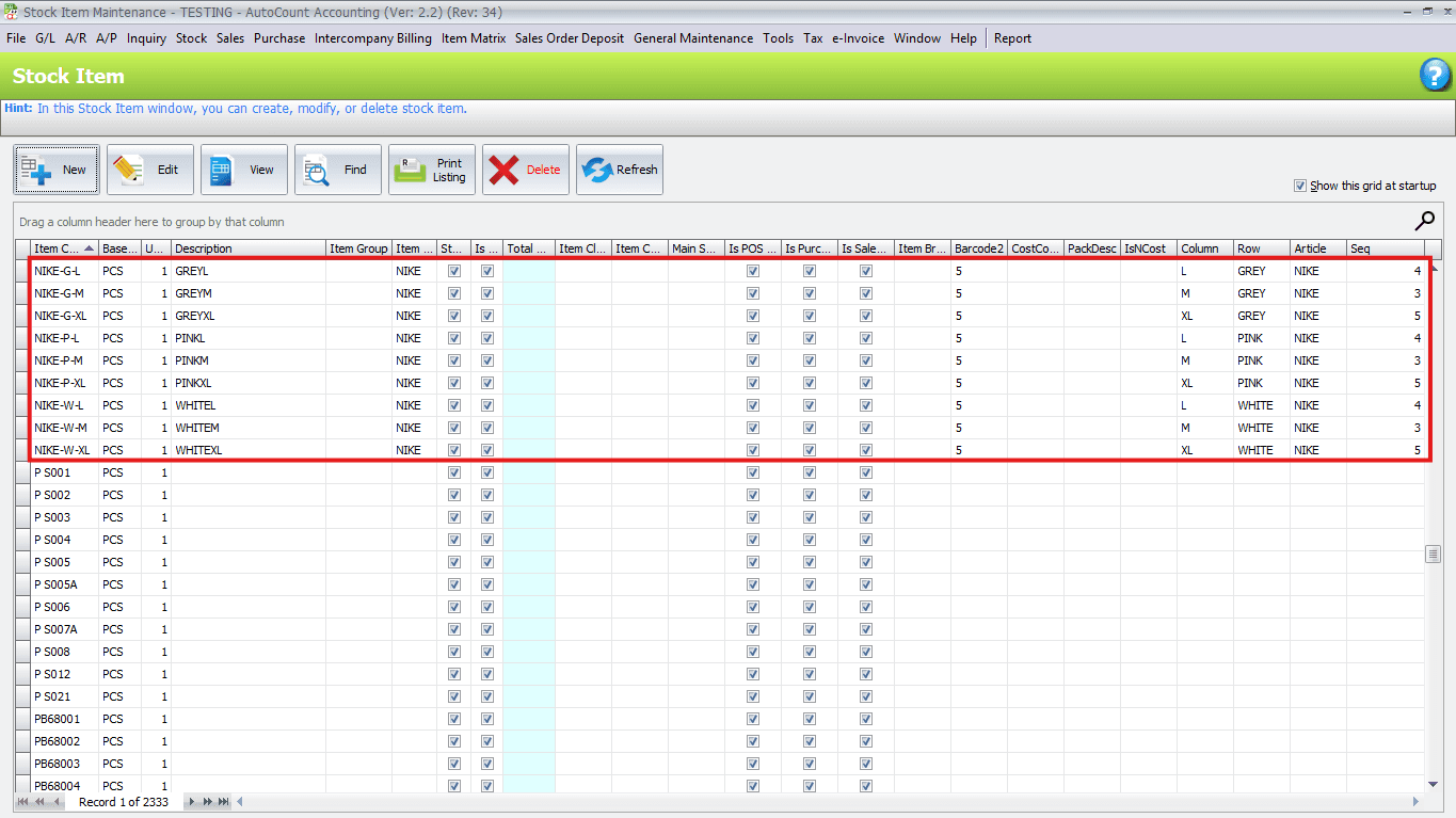 View Matrix Stock Items