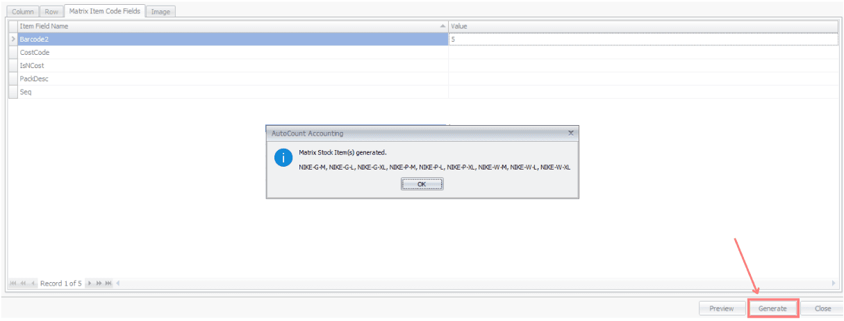 Generate Matrix Stock Items