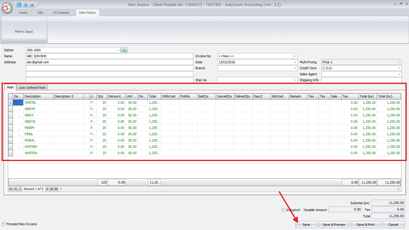 Item Matrix — Setting