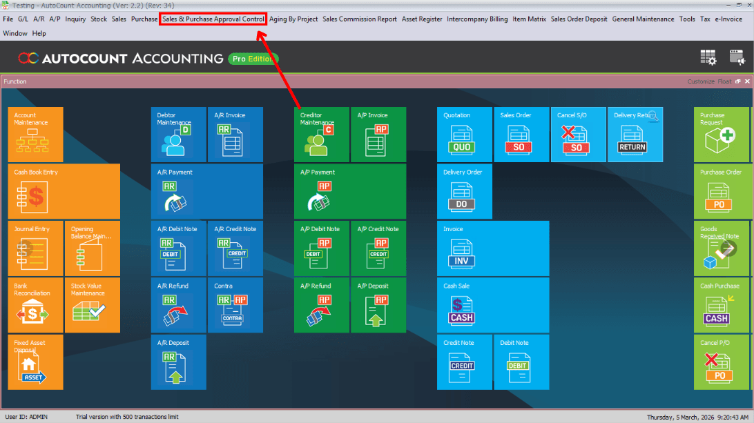 Main page — Sales & Purchase Approval Control