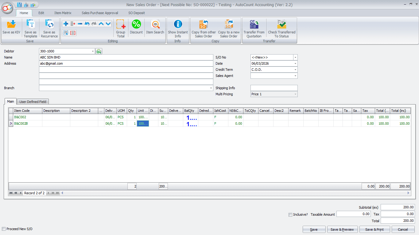 Create New Sales Order